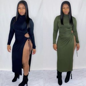 Long sleeve dress with side cut-out.